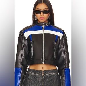 Never worn black, blue, and white Lioness leather jacket